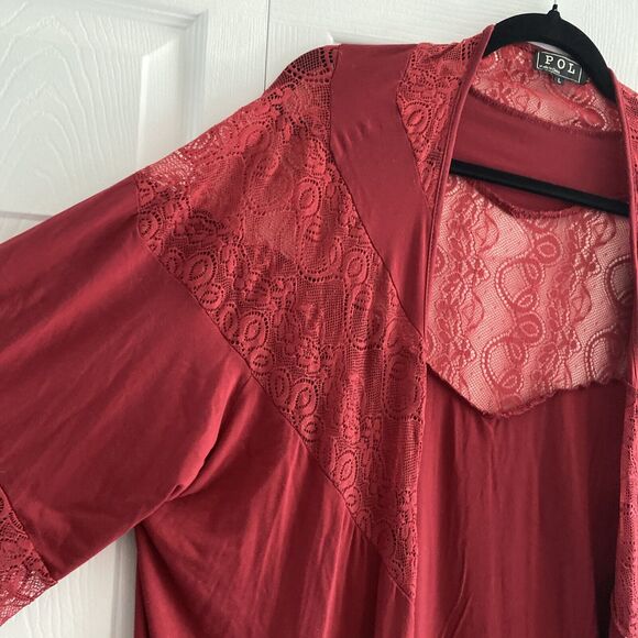 POL Women's Red Lace Long Line Open Lace Cardigan Kimono Robe Large - Picture 4 of 6